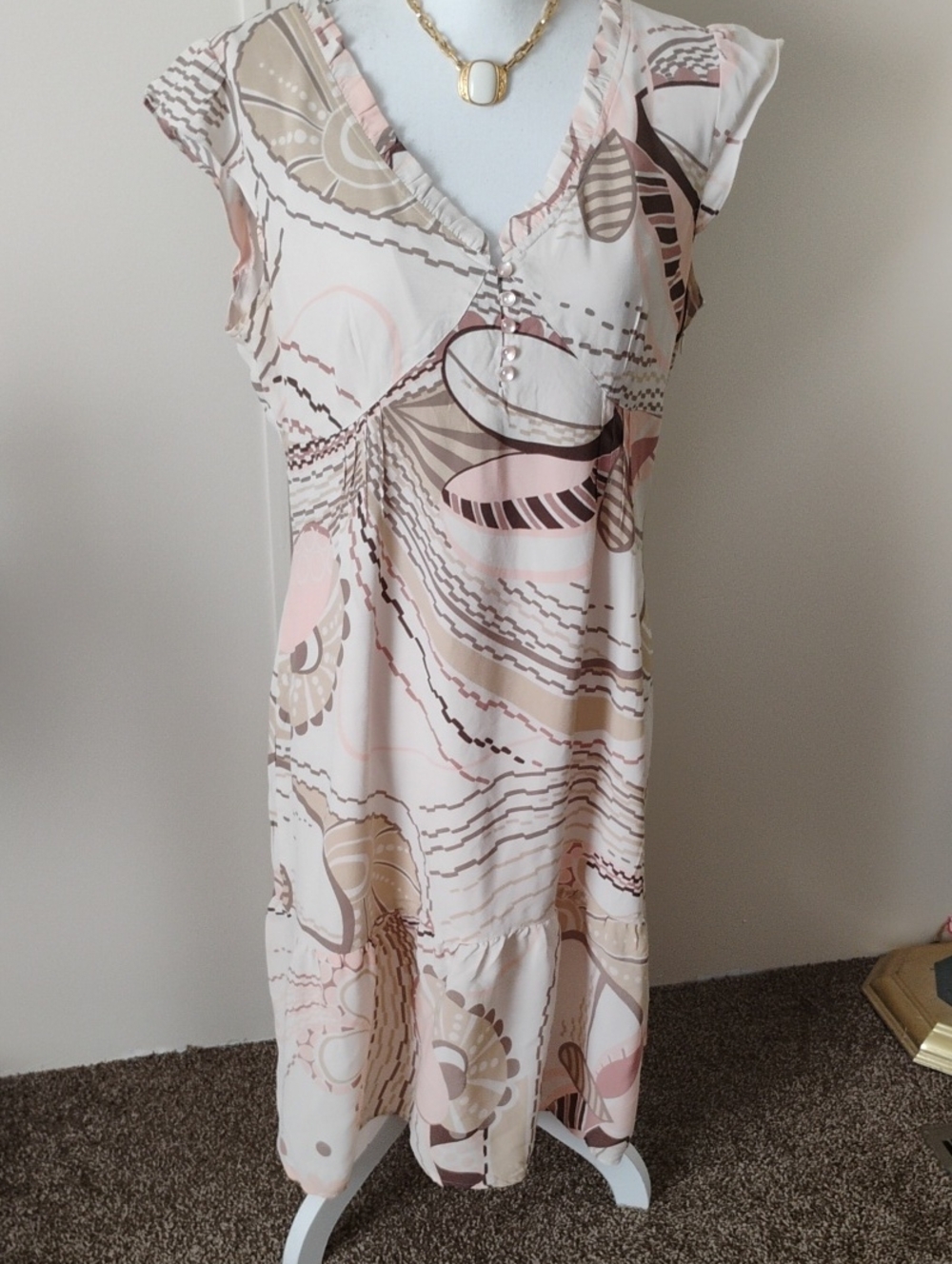 Kasper Pink and Beige Printed V-Neck Midi Dress